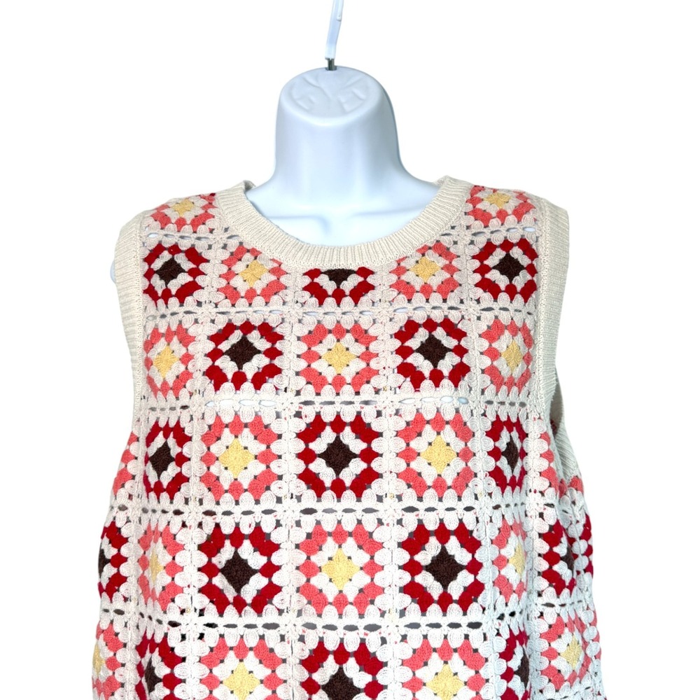 Crochet Tank Top Sz M Sweater Vest Boho Retro Festival Hippie Folk Cowgirl - Picture 3 of 8